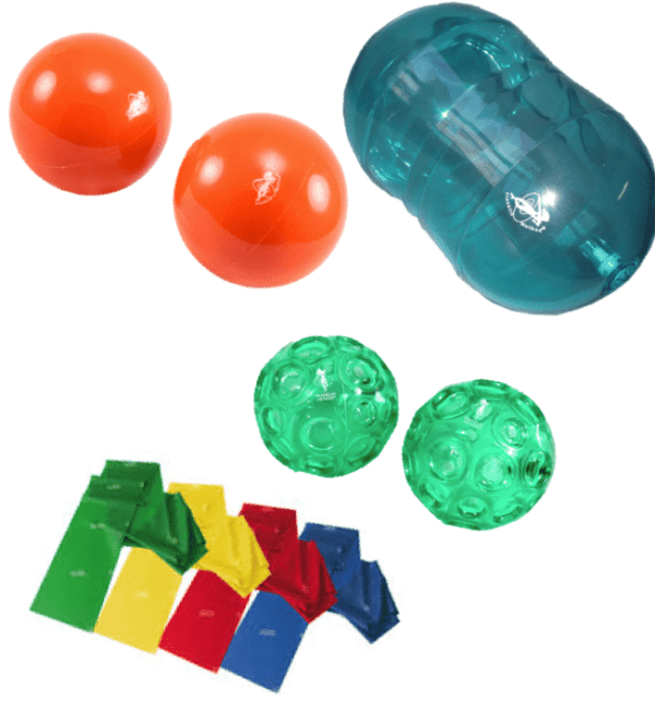 An image of everything you get in a Franklin ball happy feet multipack which includes a pair of orange and green franklin balls a roller and a choice of which strength resistance band you'd like.