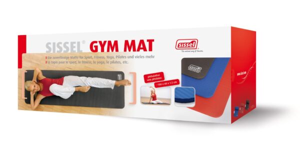 Sissel gym mat box which has the product name on the front. The image on the left is a lady lying on her back on a black gym mat doing an abs exercise with her right leg bent and raised towards her. The smaller image in the middle is a lady sat side on with her left arm stretched to her right above her head, she is on a black gym mat too. On the right hand side is an image of the different colout options of gym may layered one on top on the other they are from bottom to top red, blue and black inset is a zoomed in photo of the blue gym mat so you can see how think and textured it is.