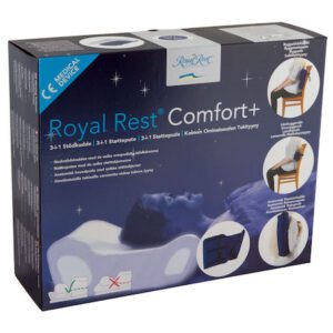 The Royal Rest comfort+ foam pillow box. The box is predominantely dark blue looking like a night sky. There are images around the box showing all of the different ways you can use the pillow one image shows the carry case rolled out, another with the pillow rolled up in the case, and two images with the cushion on a chair as a whole support or rolled as a lumber support. The main image on the box is someone lying on their back with their head on the pillow