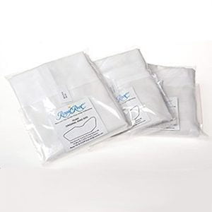 Three Royal Rest pillowcases fanned out they are white and folded up within their plastic packaging. There is a black outline image showing the shape of a Royal Rest pillow and above is the Royal Rest logo