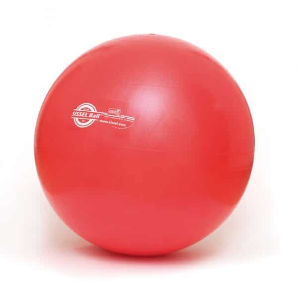 A red Sissel birthing ball with a white background.