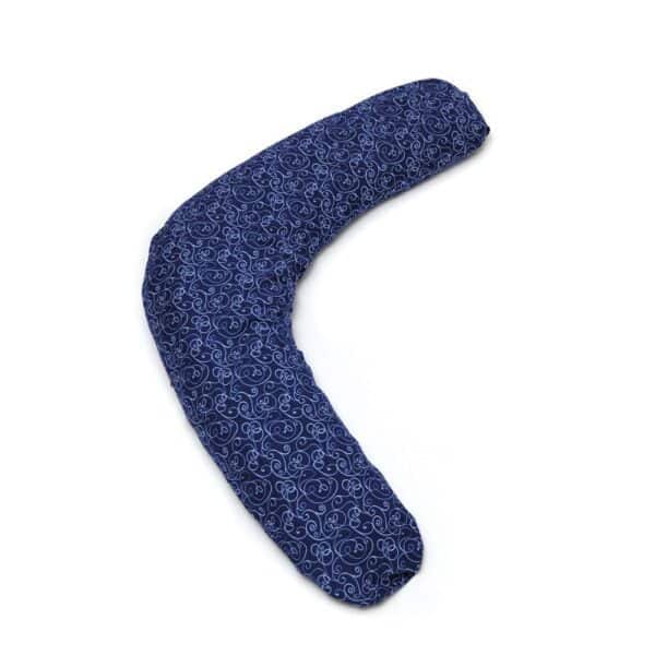 An aerial photo of the Sissel comfort cushion from the top it is shaped like a boomerang and this one has an ornamental blue pattern which is a darker blue with a lighter blue swirly pattern.