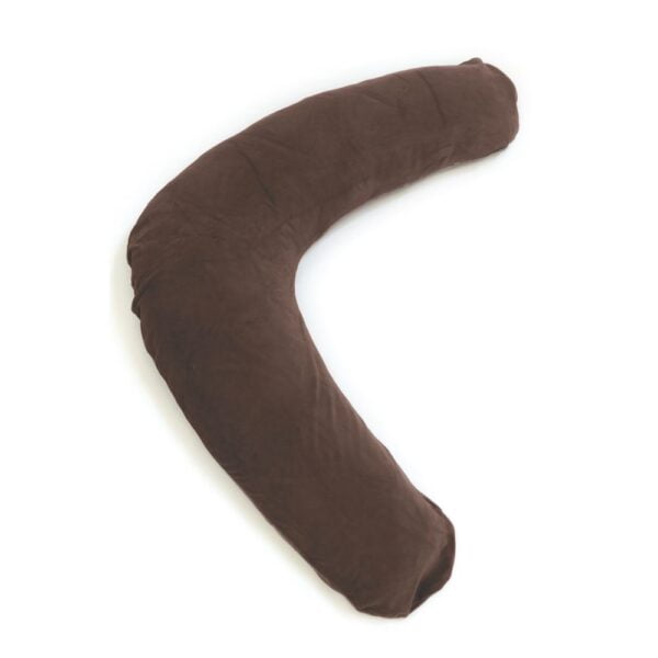 An aerial photo of the Sissel comfort cushion from the top it is shaped like a boomerang and this one is a chocolate brown colour.