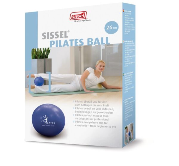 The box for a Sissel Pilates soft ball which is the 26cm option. The box is light blue with a lady in white lying on her left side propped up to support herself with her legs outstretched. In between her legs she has a 26cm soft Pilates ball. Below that image is a photo of the Pilates ball which is blue and has Pilates on it in white and the interpretation of a person that looks like they are dancing also in white above.