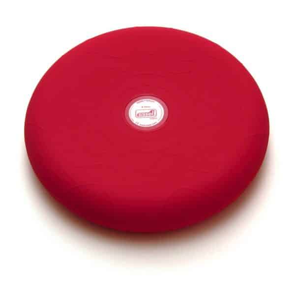 An image if a red Sissel SitFit 36cm which is the adult diameter. This is an aired filled cushion it is a dark blue. The Sissel logo and information written in red is within a white disc there are then two circles which are a pattern on the SitFit and after then there are three what look to be a star like pattern from the centre going outwards.