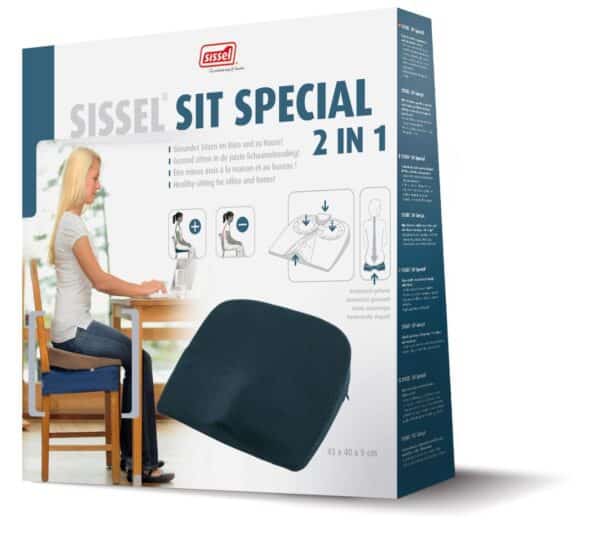 The box for a Sissel Sit Special 2 in 1 wedge cusion the box has a blue end panel and you can just see there is white type but you can't make out the words. On the front of the box is the name of the product, an image of it in the bottom right above are some illustrations showing how it improves how you sit and also where the pressure relief areas are for your coccyx and sitting bones. Bottom left is a lady sat at a dining room type set up with her Sissel sit special 2 in 1 on her dining room chair and she is sat on it.