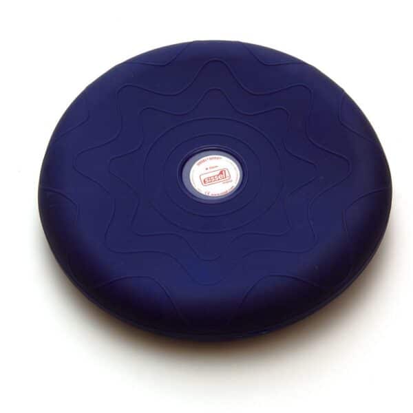 An image of a blue Sissel SitFit 36cm which is the adult diameter. This is an aired filled cushion it is a dark blue. The Sissel logo and information written in red is within a white disc there are then two circles which are a pattern on the SitFit and after then there are three what look to be a star like pattern from the centre going outwards.