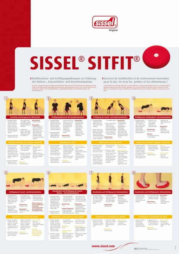 A Sissel sitfit poster. There is the Sissel logo and an image of a red sitfit below you can see there are eight different exercises seated, kneeling and standing all using the Sitfit