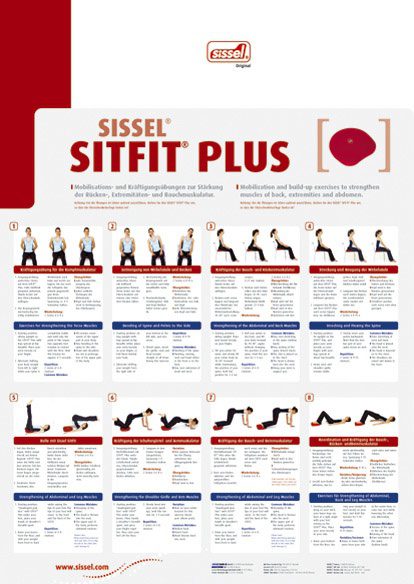 This is the exercise chart for the Sissel SitFit Plus. There is an image of a red SitFit plus on the top right of the char. Below there are eight images of a woman demonstrating different exercises that you can do with this versatile product. The first 4 are seated and the bottom ones are lying down and kneeling
