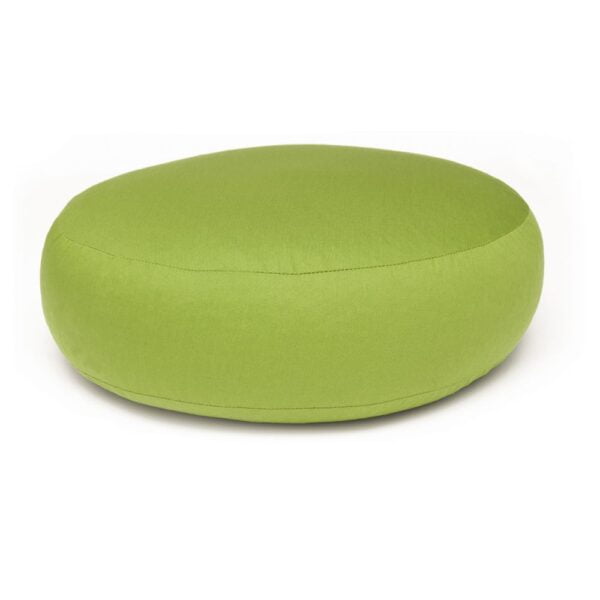 A bright green yoga relax cushion side on. You can see that it is circular and very think so that you can sit in comfort with your hips above your knees whilst doing Yoga and meditation.