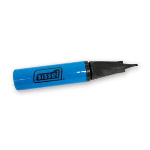A Dual Action Mini Pump which is a blue plastic barral with Sissel written in black. It then tapers in the next section that then becomes a nozzle at the end to place in a valve to pump things up