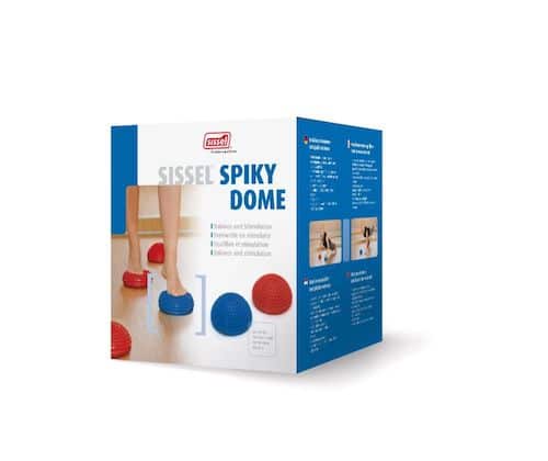 An image of the box that the Sissel small spiky balance domes come in. It has an image of the red and blue domes and someone is walking across a floor balancing on them.