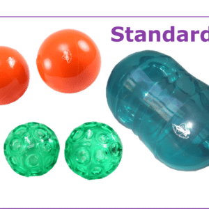 An image of all of the balls that are included within the standard franklin multipack the word standard is written in purple on the top right and surrounding that are images of a pair of orange and green franklin balls and the original roller.