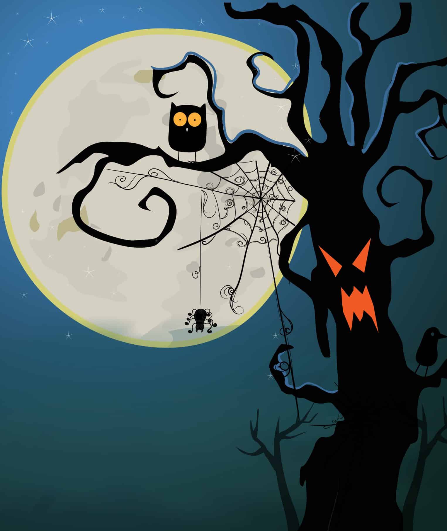 A creepy halloween illustration there is a spooky black tree with orange eyes and mouth the branches are all curlet and have a spiders web, spider and owl with orange eyes perched on there. In the background is full moon domineering the night sky.