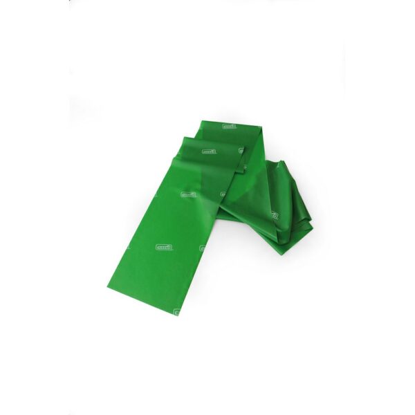 A green Sissel essential 2 metre long fitband partly laid out flat and then folded over repeatedly at the top on a white background
