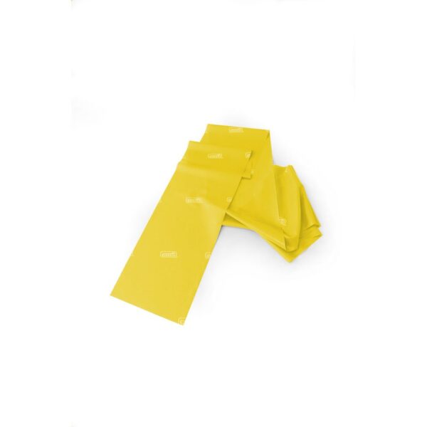 A yellow Sissel essential 2 metre long fitband partly laid out flat and then folded over repeatedly at the top on a white background