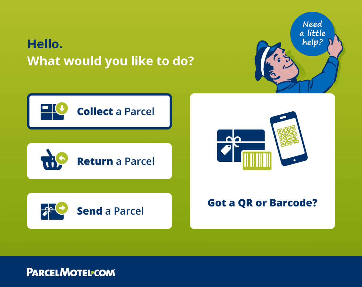 A Parcel Motel screen showing how easy it is to Collect a parcel, return a parcel, send a parcel or use a QR barcode. You just clink the link you need.