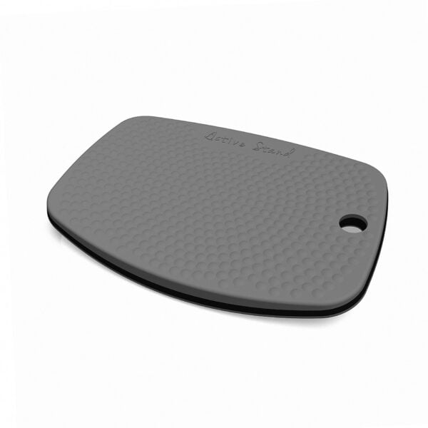An active stand on a white background. It has a grey soft textured surface on a stronger plastic base that is curved to allow you to rock from side to side and stay more comfortable whilst sitting for longer periods of time.