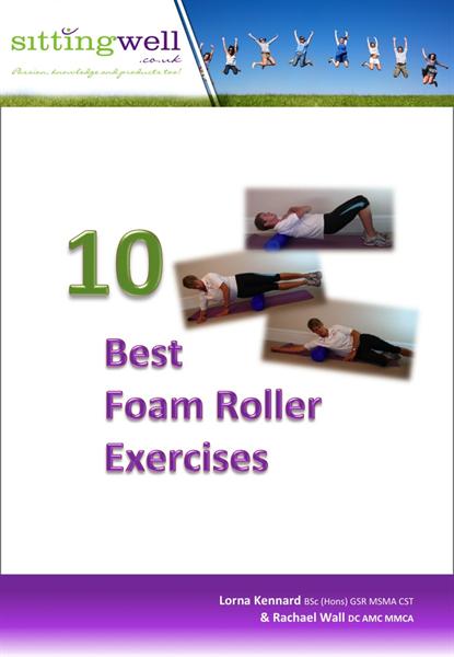 The front cover to a .pdf document giving the 10 best foam roller exercises. There are three images of Lorna in different foam roller self massage positions.