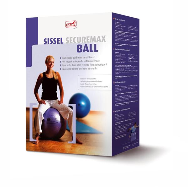An image of the box that a Sissel securemax gym ball comes in. It has the product name on there. The front image is of a studio type set up that has a wooden parquet floor. There is a blue gym ball off to the right then a blue exercise mat and front left is a blonde haired lady with a black strappy top and white exercise trousers who is sat on a purple securemax ball with her hands on her thighs.