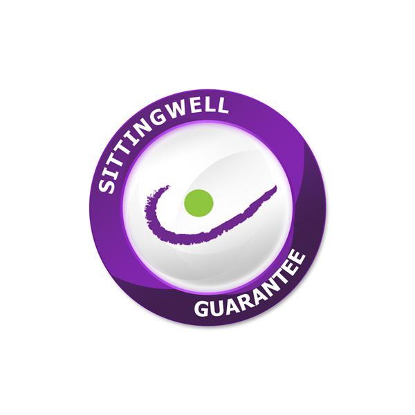 This is the Sittingwell 30 day returns period guarantee. It is a purple circle with Sittingwell written on the top left and guarantee on the bottom right typed in white within the purple. It is white in the centre with the sittingwell logo which is a green dot in the middle of a purple curve to me it looks like the green dot is someones head and the purple swipe is their arms in the air with glee at being painfree