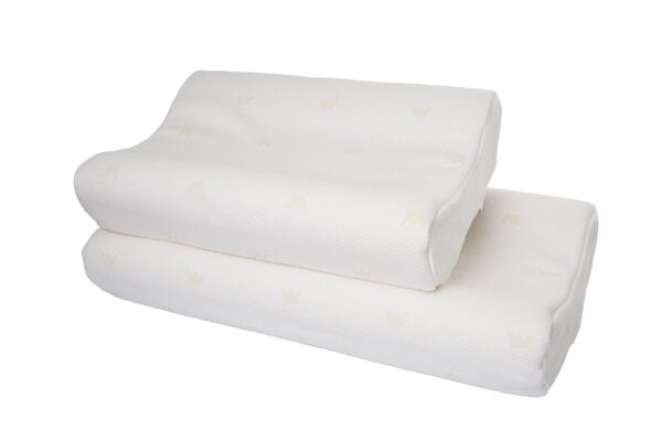This is an image of two Royal Rest orthopadic pillows that are in the Royal Rest range. It has a clear background and the pillows are white. They are contoured to offer optimal support of your neck. The longest one is at the bottom which is the maxi sized pillow, then the standard sized pillow is next.