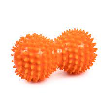Image of the Franklin Orange Peanut Shaped Fascia Toner. It has a peanut shape and loads of plastic spikes which help to give a massaging action dotted all over the fascia roller. The image just has a plain white background