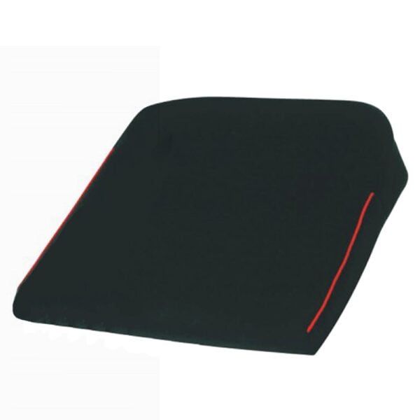 A Harley designer wedge image taken so you can see the top, side and part of the back so you can see that it is angled. As with all products in the Harley deisnger range which are memory foam products the wedge has red piping along the side of it.