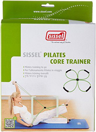 Sissel Pilates core trainer box which is bright green on the upper part. You can see the Sissel branding and the product name. Below that to the right is an image of the product with its four green loops, plastic black handles for extra grip and you can see it is all joined by a black plastic disc in the middle. Below the product image is a picture of a blonde haired lady wearing white trousers and t-shirt. She is sat on a blue exercise may with her left leg extended on the mat, her right leg straight and raised in the air. She is leaning slightly backwards. Her right arm is slightly bent and on the mat and her left arm raised straight up in the air. She has the loops of the Pilates core trainer around each hand and foot. On the bottom left of the box is an image of a QR code.