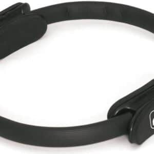 A Sissel Pilates toning ring. Essentially it is circular at around the three o-clock and 9 o-clock positions are flatter sections where you place your hands or legs it has a gentle inwards curve to it and has a foam padded layer. You can see the Sissel logo in white, the rest of the product is black.