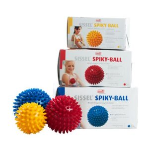 All three Sissel spiky self massage ball boxes are stacked one on top of the other. On the bottom is the blue one, middle, red and on the top yellow. The blue ball is the largest and yellow the smallest which you can tell by the sizes of the boxes. To the left of the boxes are each of the Spiky massage balls so again you can see the size difference between them.