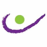 the sittingwell logo which is a green dot in the middle of a purple curve to me it looks like the green dot is someones head and the purple swipe is their arms in the air with glee at being painfree
