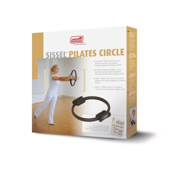 The box for the Sissel Pilates circle. The side and top left is a dusky orange colour. The Sissel logo and words Sissel Pialtes circle are at the upper part of the front of the box. To the right is a description of the product. At the bottom an image of the Pilates ring and an image of the poster that comes with it. On the left the larger image is a lady with blonde hair wearing white trousers and t-shirt i stood on a wooden floor, her left leg is straight and angled backwards so she is balanced on her left leg. Her arms are outstretched and she is holding the black Pilates circle between her hands.