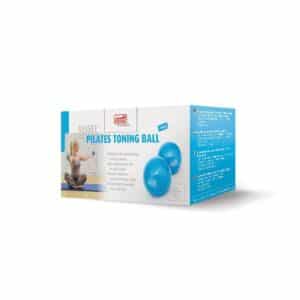 sissel pilates toning ball boxed. The box is predominantely white and bright blue. The end of the box is blue with white writing giving a description of the product. The front of the box is white has the words Sissel is grey and Pilates toning balls i bright blue. On the left is someone sat cross legged with a toning ball in each hand she is twisting at her torso to the left. On the right handside of the front are two toning balls one in front of the other.