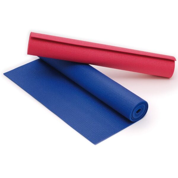 Both version of the Sissel yoga mats. They are rolled up the one on the bottom is the blue version which is slightly unfurled and placed on top at a slight angle and fully rolled is the fuschia pink yoga mat. With both of them you can see that the mat itself is textured.