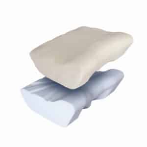This is the image of a Putnam's neck pillow. The photo shows one above the other. The purpose of the image is to show you what the pillow looks like when you buy it. It has a cream velour cover and is shaped to support your head and neck. It curves inwards in that area. Below it is the memory foam of the Putnam's neck pillow where you can see areas where the foam is intended in a fanned out pattern, these recessed areas allow for air flow so you don't get hot you can also see the slant of the pillow for where your shoulders would be and the indentation that curves downwards where you would place your head.