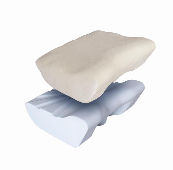 This is the image of a Putnam's neck pillow. The photo shows one above the other. The purpose of the image is to show you what the pillow looks like when you buy it. It has a cream velour cover and is shaped to support your head and neck. It curves inwards in that area. Below it is the memory foam of the Putnam's neck pillow where you can see areas where the foam is intended in a fanned out pattern, these recessed areas allow for air flow so you don't get hot you can also see the slant of the pillow for where your shoulders would be and the indentation that curves downwards where you would place your head.