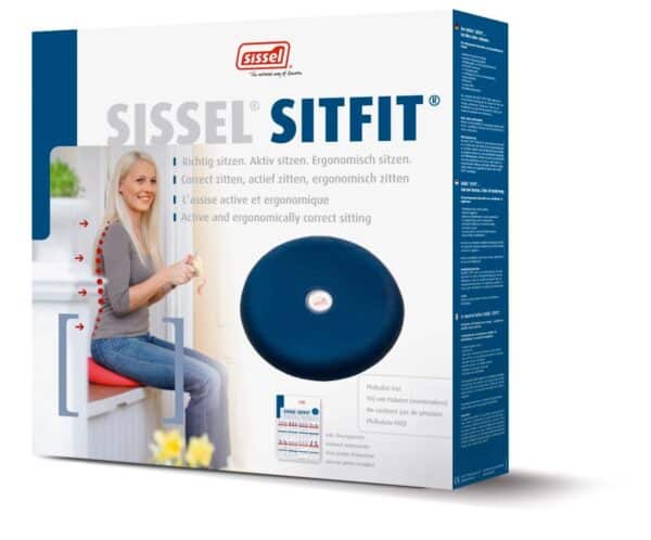 The box for a Sissel Sitfit it has a blue side panel with white writing. The front has the name of the product and the Sissel branding. There is an image of theSitfit product in blue and the exercise poster. On the left their is also the image of a blonde haired lady smiling. She is sat on a red sitfit and there are dots following the contour of her spine showing how great her posture is.