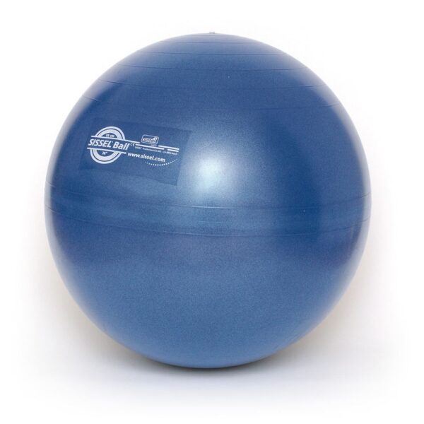 A blue Sissel swiss ball with a white background.