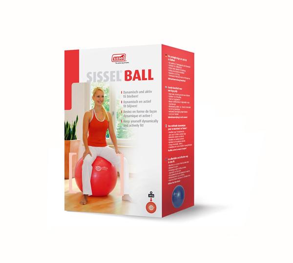 This the box for a Sissel Swiss ball. It has the name of the product on it and there is a lady in a studio with a wooden floor wich a huge cactus or alow vera type plant behind her right shoulder. She is sat on the red swiss ball wearing a red strappy t-shirt and white leggings