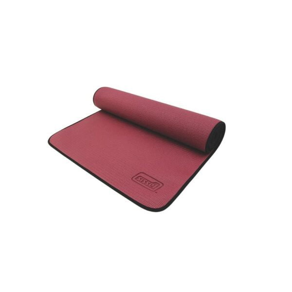 Pilates and yoga mat by Sissel in burgundy rolled up with the end of it showing