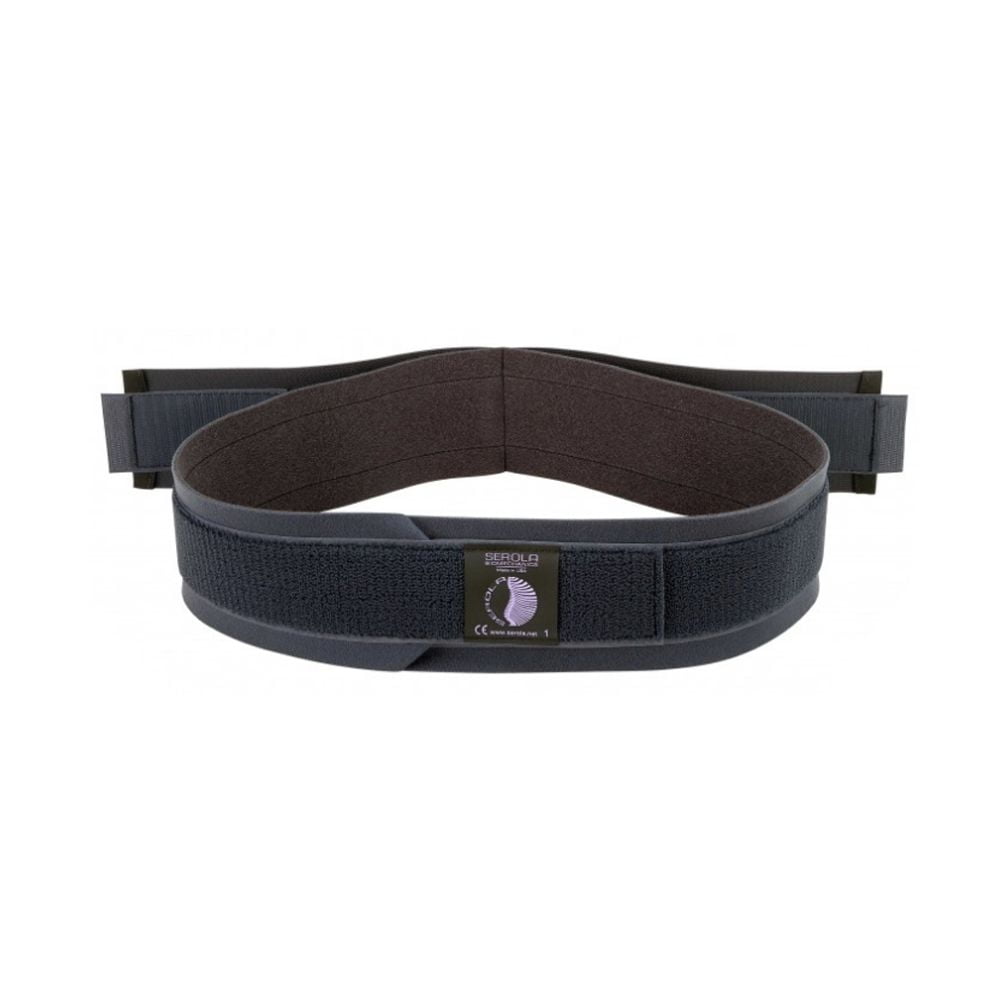 The Serola Sacroiliac support belt wrapped in the shape as if it was around your body. It is also known as the serola pelvic pain belt