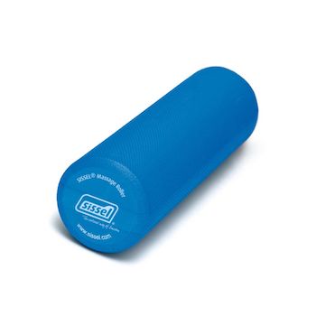 An image of the Sissel massage roller which is 45cm length in blue it is at a slight angle and you can see the side of it has the name of the product and the Sissel logo in white on the side
