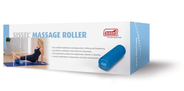 This is an image of the Sissel massage roller box. You can see one end of it which is a pale blue. The main front section has the words Sissel massage roller on it with the Sissel logo top right. Below that is an image of the blue Sissel massage roller with the Sissel logo in white on the end of the roller. In different languages to the left of the roller is the sentance a perfect combination of regeneration, recreation and relaxation. Finally on the left side of the front of the box is a lady wearing a navy blue tight fighting gym outfit she is facing towards the left her arms are outstretched with hands on the floor her fingers facing away. She has the massage roller under her calves her legs are outstretched she is lifting herself up and off the ground.