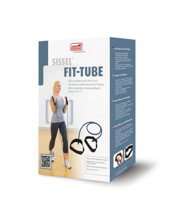 Image of a sissel fit tub box on a white background. The box is at and angle so you can see the front with an image of a lady standing using the fit tube to perform bicep curls and there is a picture of a curled up blue fit tube next to her. you can also see the side of the box showing the description in four languages and the silicon grip handle