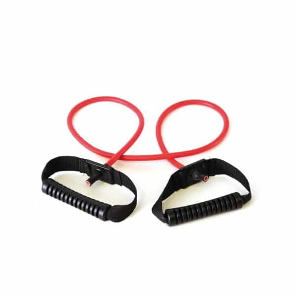 A red medium strength Sissel Fit Tube on a white background It is curled up so the red band has two loops in it and the two black handles and below you can see the flexible silicon handles are attached with black webbing material