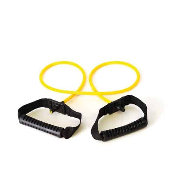 A yellow Sissel Fit Tube on a white background It is curled up so the yellow band has two loops in it and the two black handles and below you can see the flexible silicon handles are attached with black webbing material
