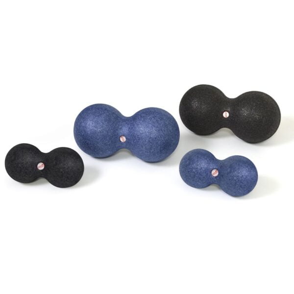 An image with a white background and four Sissel Myofascia Double Balls. Two of them are smaller and the other two larger shoing the full range in black and blue.