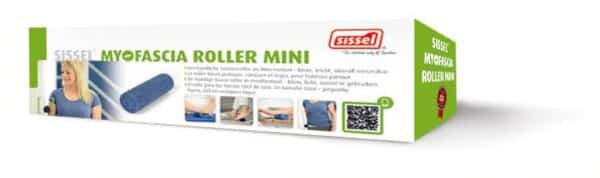 Image of the box for the Sissel Myofascia Mini-Roller. The box has a range of images on it showing all of the differnt uses for the mini roller.