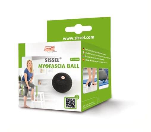 The box for the Sissel Myofascial Ball. The side and top are a vibrant green. The front of the box has the name of the product and the Sissel logo on it. Below that is an image of a blue myofascia ball and to the left is a lady with blonde hair, a blue t-shirt and grey leggings. Her right leg is raised and bent at the knee and she is holding a myofascia ball to left calf whilst balancing on her left leg.